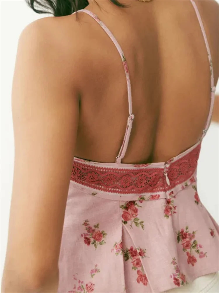 BXOXO Women Floral Print Camis Sleeveless Strap Tops Low-cut Backless Slim Fit Summer Vest Party Club Tank Streetwear