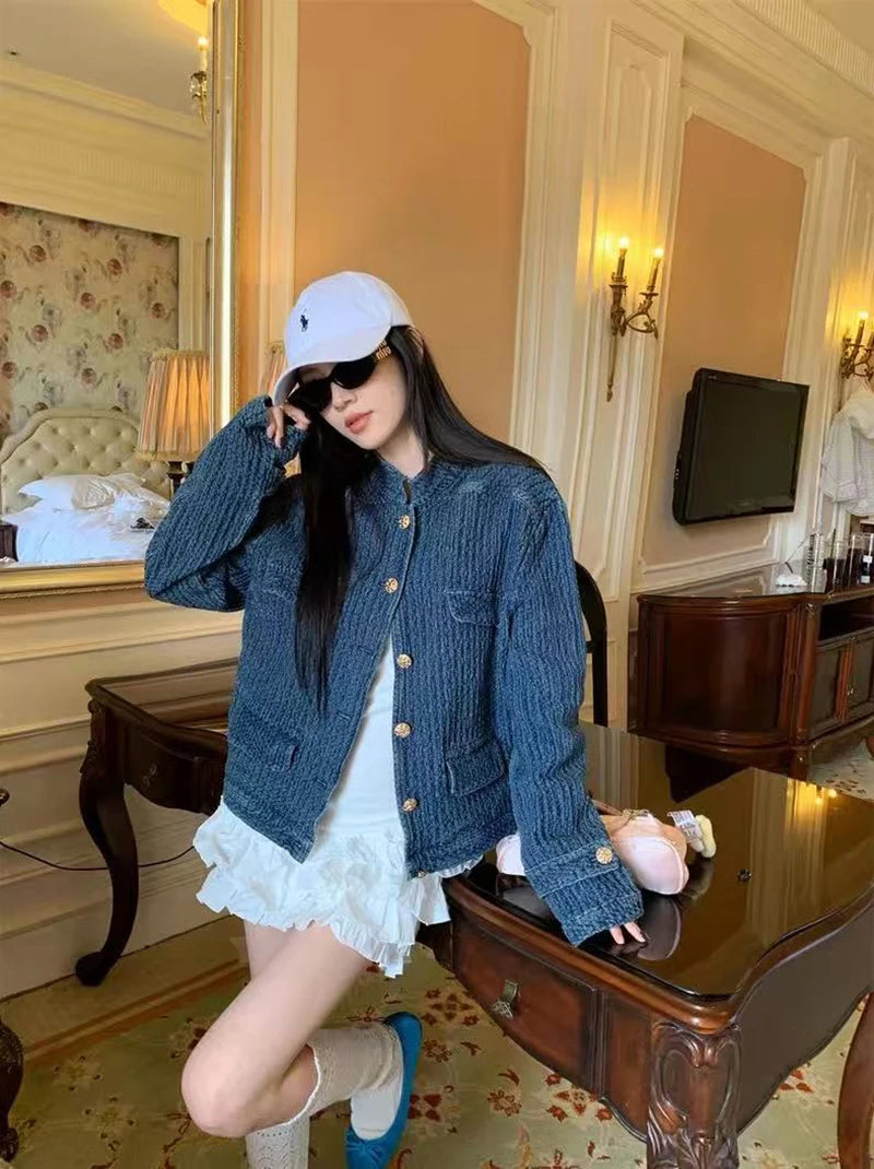 Bxoxo Vintage Stand Collar Denim Jacket Women Autumn Loose Streetwear Single Breasted Coats Y2K Korean Chic Long Sleeve Casual Outwear