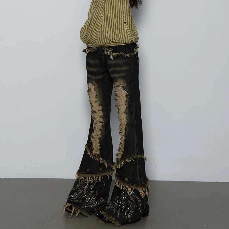 BXOXO Y2k Distressed Flared Jeans Japanese 2000s Style Black Jeans Vintage Gothic Punk High Waist Denim Pant Grunge Aesthetics