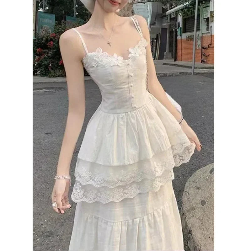 Bxoxo New 2025 Floral Bud Two-Piece Set Cold Tone Elegant Spring Halter Skirt Set Gentle Style Women's Cotton Floor-Length Skirt