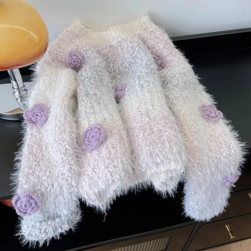 Bxoxo Fashion Gradient Faux Mink Fleece Knit Sweater Women Autumn 3D Flower Decoration Casual Pullover Korean Loose All Match Jumper
