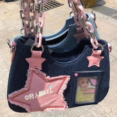 BXOXO Y2K Vintage Shoulder Bag Korean Fashion Underarm Harajuku Star Tote Denim Bag Chain Ladies Bags Zip Purses Handbags Women