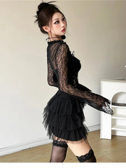 BXOXO Black Retro Mysterious Lace Sexy Mature Beautiful Sweet Gentle Personality Women Drawstring Laminated Ruffled Tutu Dress