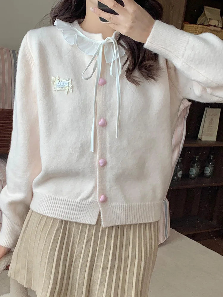 Bxoxo Ruffles Sweet Cardigan Women Cute Long Sleeve Bow Sweaters Preppy Style O Neck Japan Kawaii Letter Lace Up Love Buttons Top