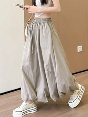 Bxoxo High Waist Fluffy Flower Bud Skirt Summer New Loose Versatile A-line Lantern Skirt Solid Color Elastic High Waist Long Skirt