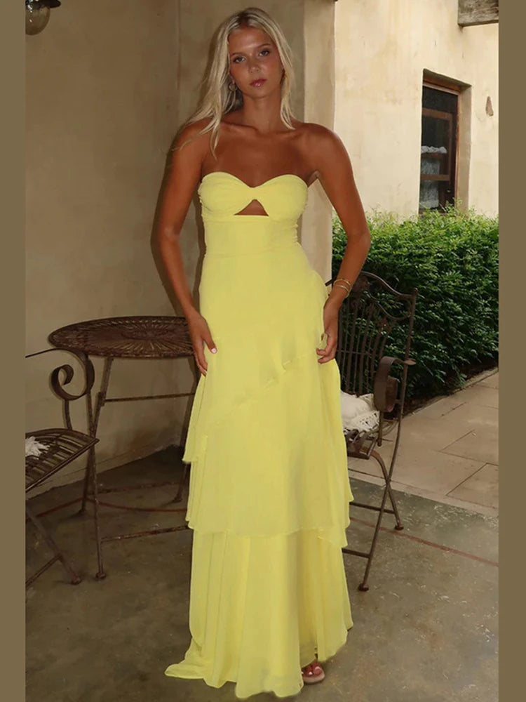 BXOXO Fashion Sexy Backless Strapless Maxi Dress Women Ruched Elegant Mesh Patchwork Ruched Ruffles Vacation Street Outfits