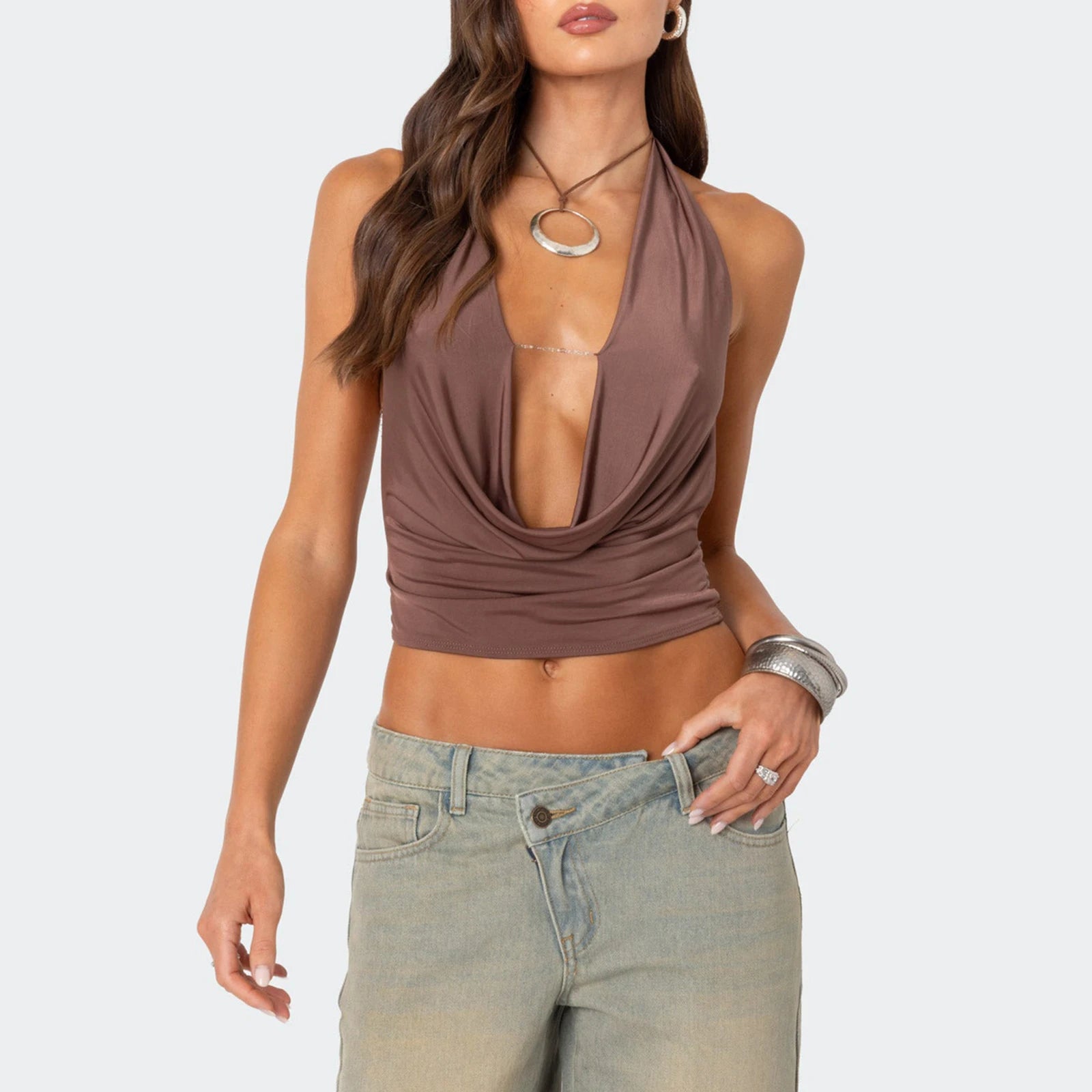 BXOXO Women Sexy Halter Tops Tie Back Deep V Neck Sleeveless Crop Tops Y2K Backless Tops for Women Party Club Night