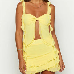 BXOXO Women Y2K Ruffle 2 Piece Skirt Set Sheer Mesh Tank Top Low Rise Tiered Mini Skirts Outfit Coquette Party Club Set