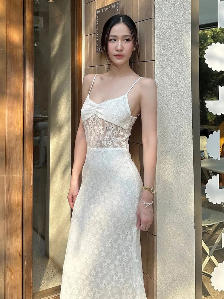 BXOXO Elegant Dress Women Jacquard Sleeveless Flower Backless Fashion Low-Neck See Through Vacation Birthday Party Vestidos