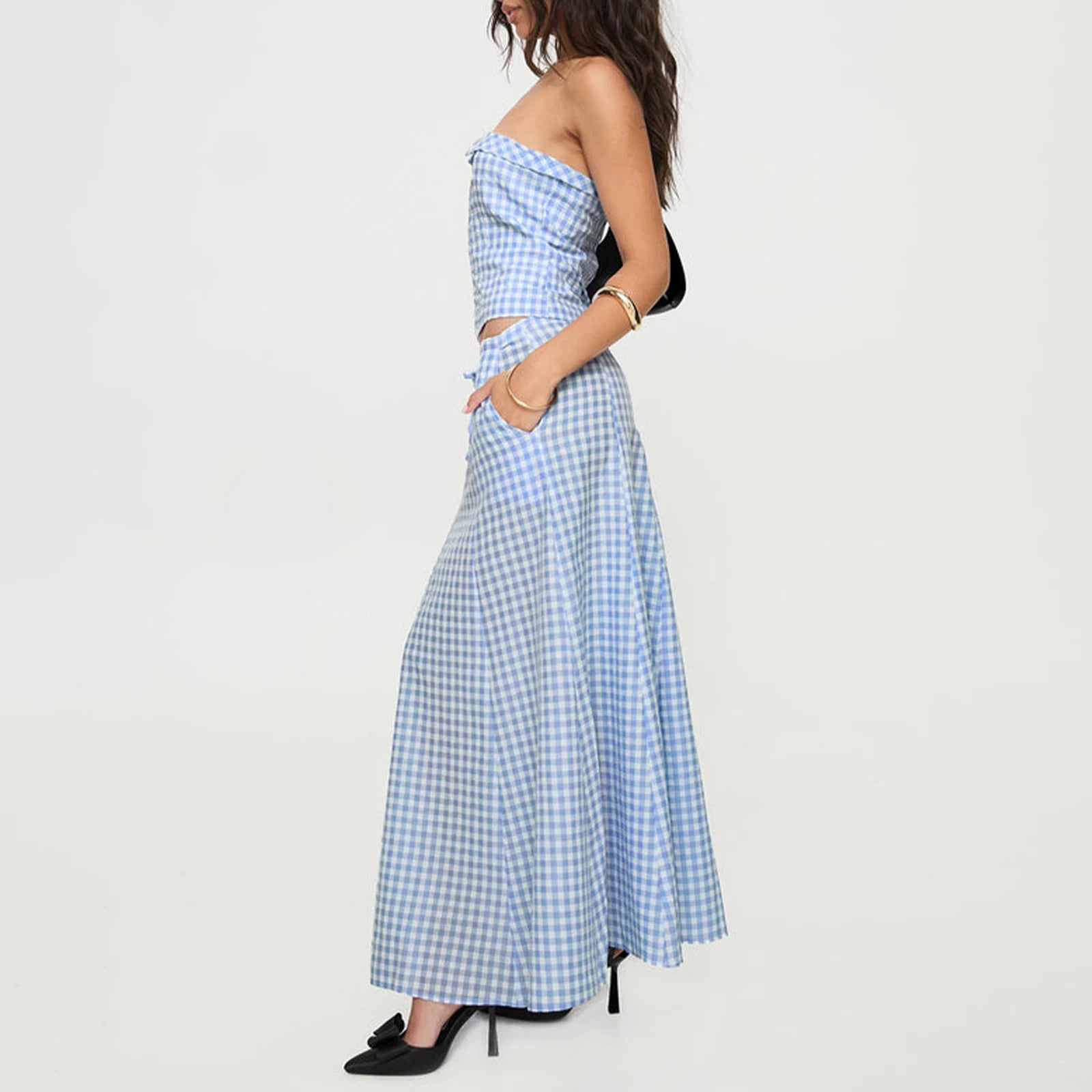BXOXO Y2k Women's 2 Piece Outfits Summer Plaid Maxi Skirt Set Crop Tube Crop Tops and Flowy Hem Long Skirt Sets Aesthetic