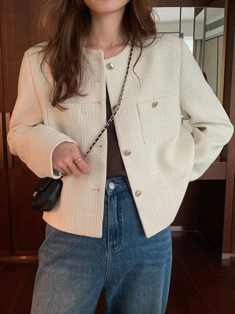 Bxoxo Elegant Chic Tweed Jacket Women O Neck Slim Long Sleeve Fashion Short Coats Casual French Sweet Small Fragrance Outwear Lady New