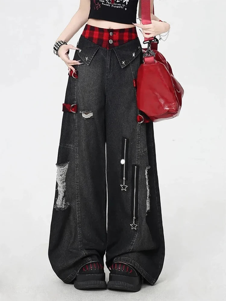 Bxoxo Y2K Gothic Hole Jeans Women American Streetwear Loose Patchwork Wide-Leg Denim Pants High Waist Hip Hop Grunge Straight Trousers
