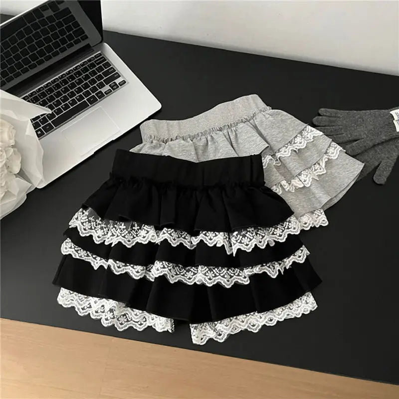 BXOXO Y2k Mini Skirt Shorts Women Korean Fashion Elastic Waist A-line Lace Patchwork Kawaii Ruffles Skirt Summer Coquette