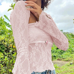 BXOXO Floral Lace Mesh Sheer 2 Piece Set Long Sleeve Shrug T-shirt Strapless Tube Top Fairy Coquette Y2K Vintage Crop Tops Women