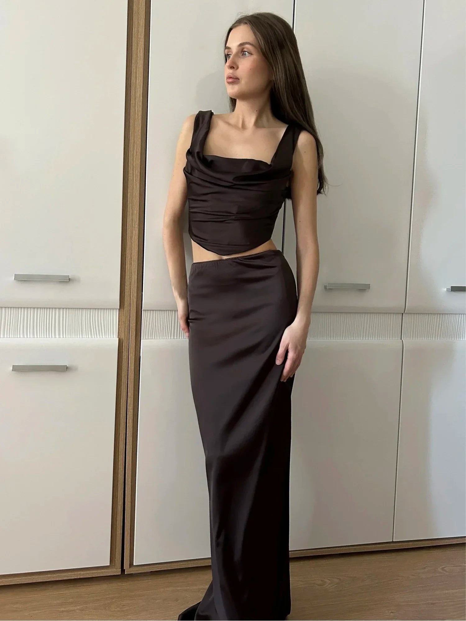 Bxoxo Wine Christmas Dress Women Satin 2 Piece Dress Set Elegant Bodycon Corset Cropped Top and Long Skirt Women Clothing