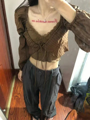 BXOXO Y2k Aesthetic Fashion Two Piece Set Preppy Style Bandage Shirt + Streetwear Lace Patchwork Crop Top Vest 2  Suits Summer