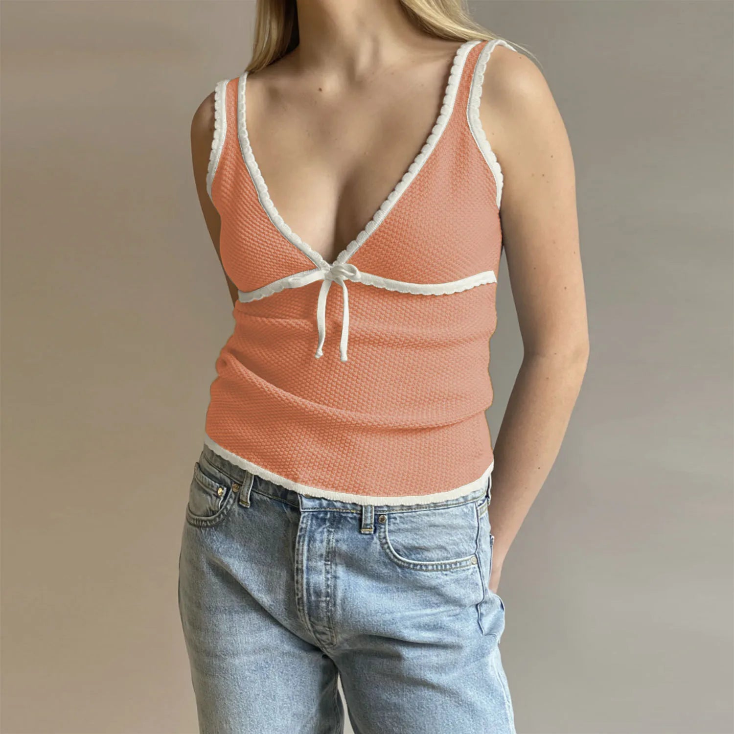 Bxoxo Knitted Deep V-neck Bow Women Crop Top Blue Patchwork Spaghetti Strap Tank Top Female Spring Slim Casual Streetwear 2024