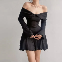 BXOXO Autumn Black A-LINE Dress Women Streetwear Sexy Strapless Off Shoulder Long Sleeves Knitting Mini Dresses Club Elegant Partywear