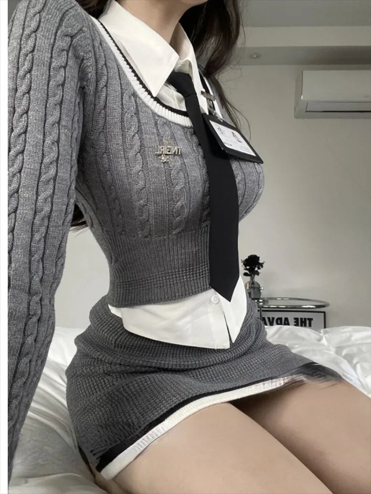 BXOXO Fashion Knitted Suit Woman Y2k Crop Tops Sweater + Casual Shirt Slim Bodycon Mini Skirt Korean 3 Piece Set 2025 Autumn