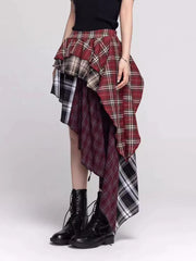 Bxoxo Irregular Y2K Plaid Skirt Women High Waist Vintage Streetwear Gothic Long Skirts American Retro Harajuku Lady Summer Skirts