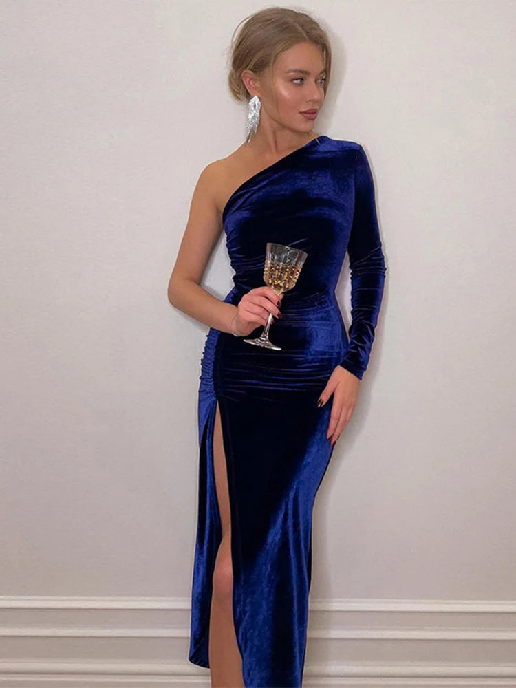 Bxoxo Women Elegant Long Sleeve Party Evening Velvet Bodycon Split Pencil Midi Dress 2024 Spring Autumn Clothes