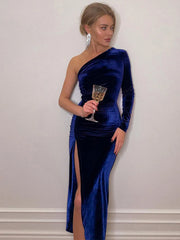 Bxoxo Women Elegant Long Sleeve Party Evening Velvet Bodycon Split Pencil Midi Dress 2024 Spring Autumn Clothes