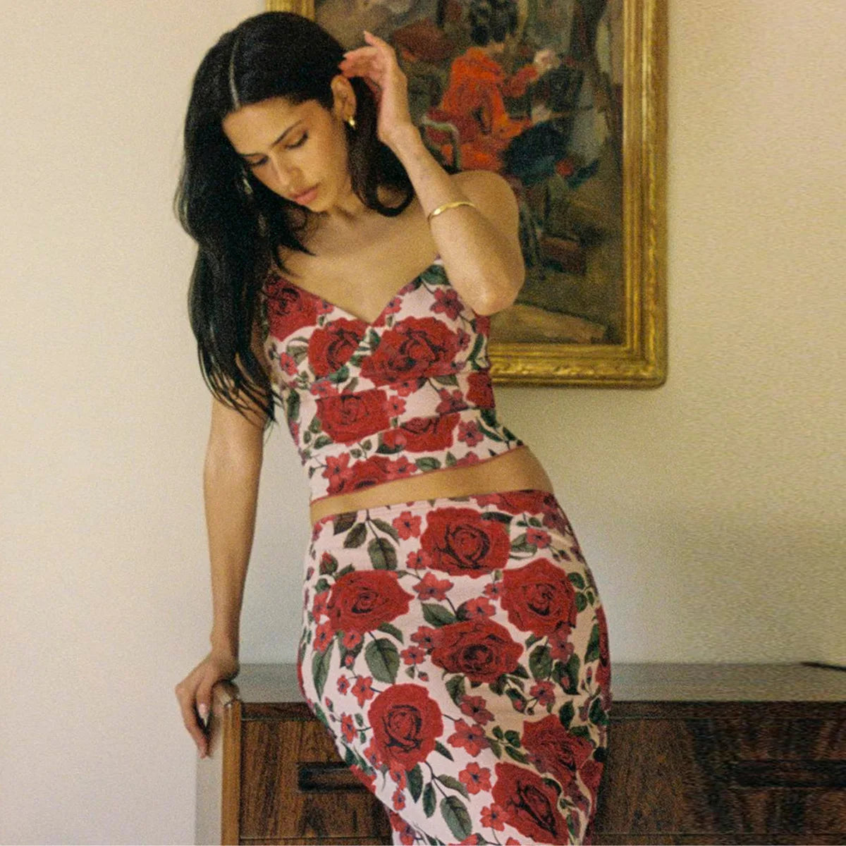 BXOXO Floral Print Sexy Skirt Two Piece Sets Women Fashion Sleeveless Crop Tops And Long Skirt Femme Printed Two Piece Sets