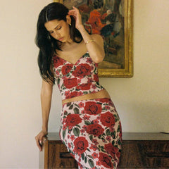 BXOXO Floral Print Sexy Skirt Two Piece Sets Women Fashion Sleeveless Crop Tops And Long Skirt Femme Printed Two Piece Sets