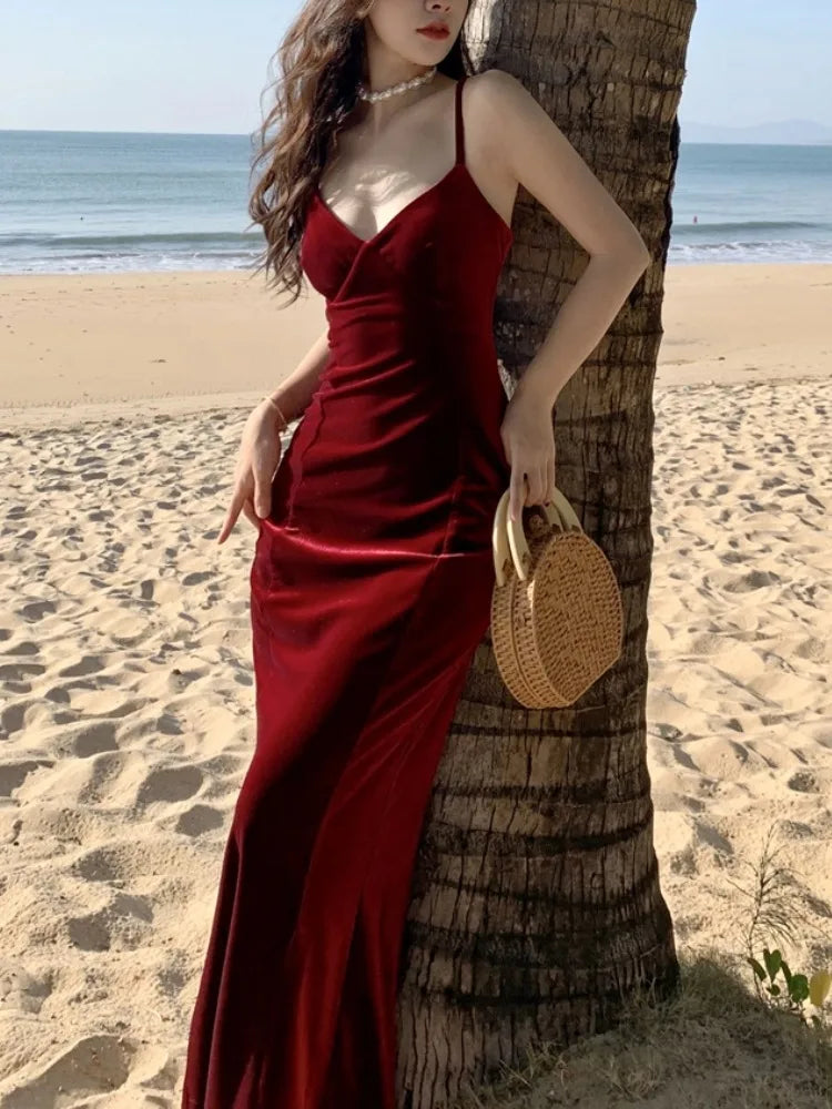 Bxoxo Women's Sexy Vintage Club Prom Burgundy V-neck Spaghetti Strap Long Dresses Summer Beach Lace up Midi Dress Elegant Party Robe