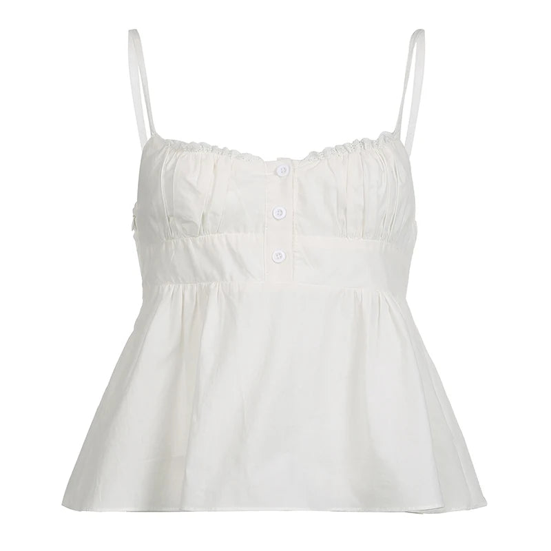 BXOXO Holiday White Button Stitching Camis Cute Coquette Loose Sleeveless Crop Tops Women y2k Aesthetic Vest Summer Casual Tees