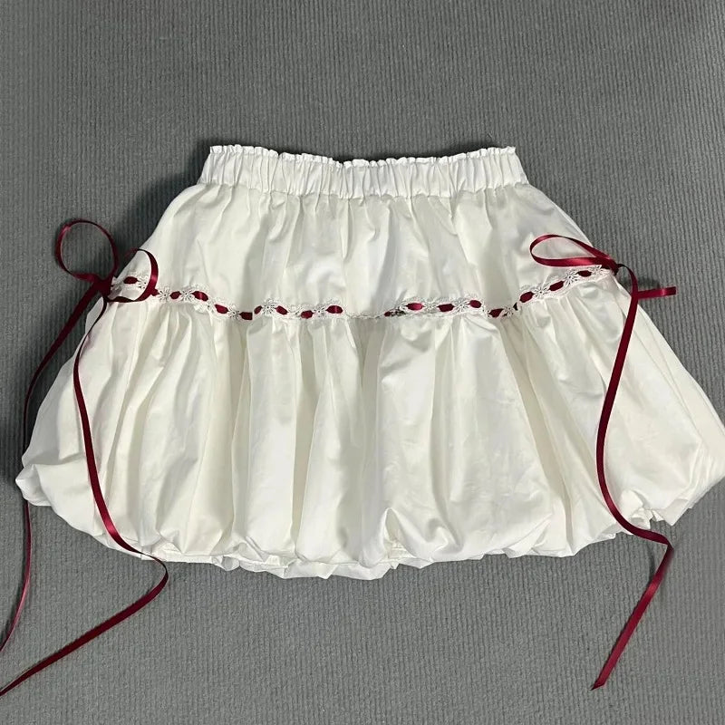 Bxoxo White Lace Up Mini Skirt Women Summer High Waist All Match Bud Skirts Y2K Korean Sweet Preppy Patchwork A Line Skirts New