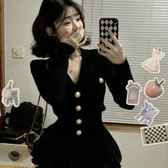 BXOXO Korean Fashion V-nck Long Sleeve Black Knitted Cardigan+ Y2k E-Girl High Waist Ruched Short Skirts 2025 New Two Piece Sets