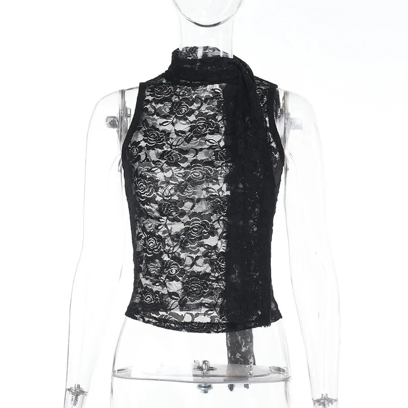 BXOXO Wome's Summer Sleeveless Lace Camisole Mesh See Through Floral Sheer Mock Neck Tank Tops Sexy Slim Fit Clubwear