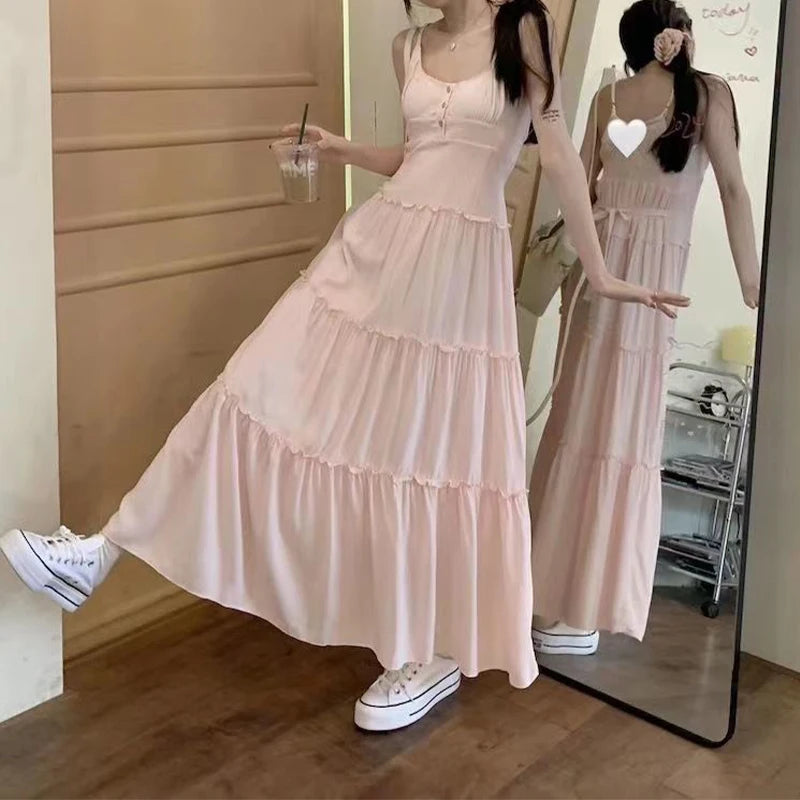 Bxoxo Pink Cute Midi Dresse Sweet Ruffle Casual Elegant Chic Beach Long Spaghetti Strap Button Holiday Gentle Dress Fairycore