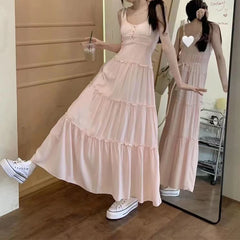 Bxoxo Pink Cute Midi Dresse Sweet Ruffle Casual Elegant Chic Beach Long Spaghetti Strap Button Holiday Gentle Dress Fairycore