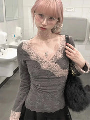 BXOXO Y2k Japanese T Shirt Women V Neck Patchwork Lace Tee Tops Streetwear Vintage Tops Korean Style Skinny Tshirts Autumn