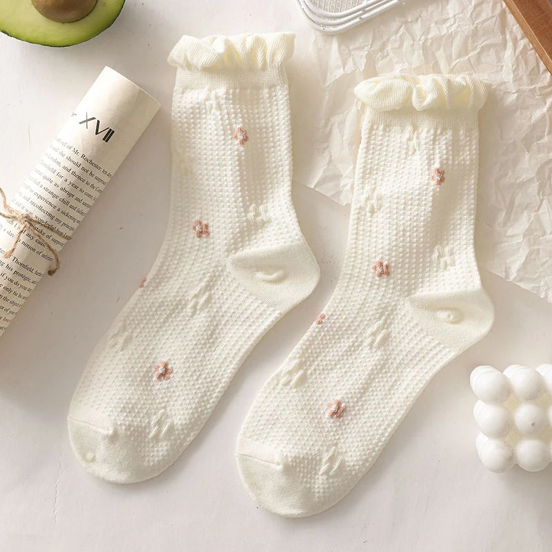 BXOXO Simple White Socks Versatile Lovely Bowknot Small Flowers Women's Medium Tube Socks kawaii Harajuku jk Lolita Girls Cotton Socks