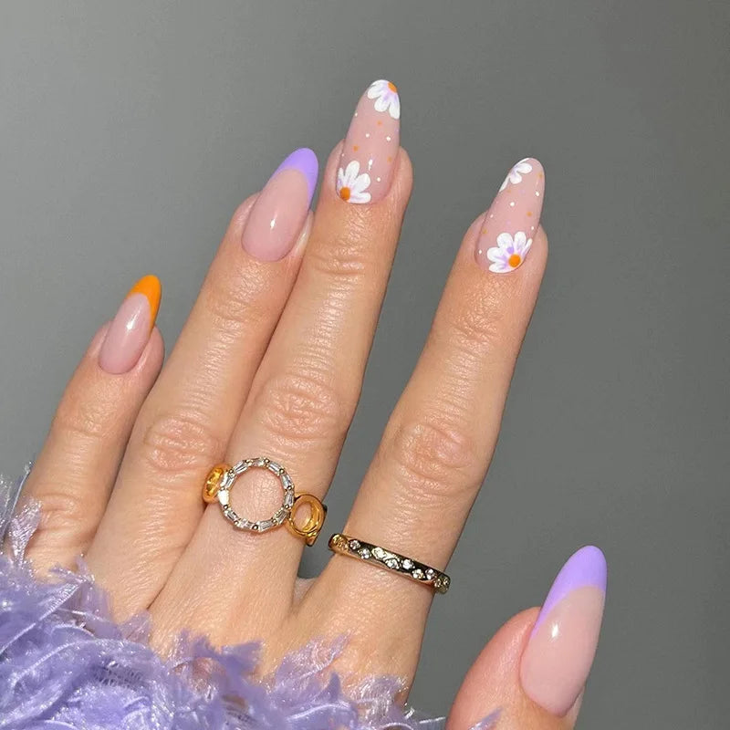 Bxoxo 24P French Oval False Nails Girls White Edge Design Nude Color Wearable Press on Nail Full Cover Short Acrylic Almond Fake Nails