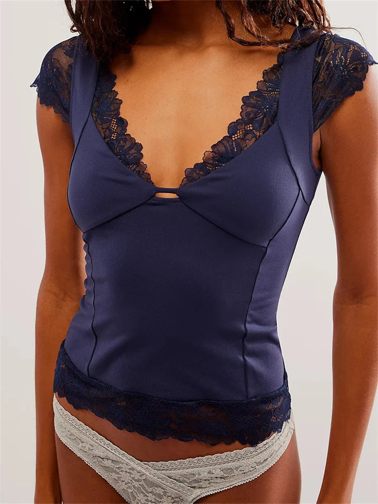 Bxoxo Vintage Women T-shirts V Neck Short Sleeve Backless Lace Patchwork Tops Summer Party Slim Fit Tees Streetwear