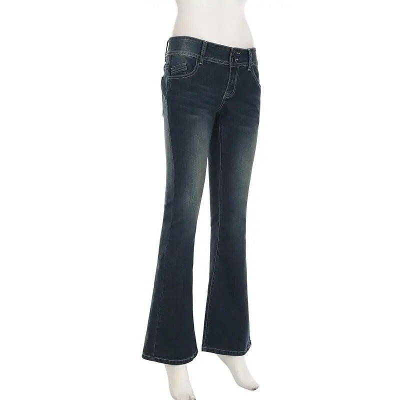 Bxoxo Vintage Washed Basic Flared Jeans Women Low Waist American Style Slim Denim Pants Button-up Trousers Casual Aesthetic