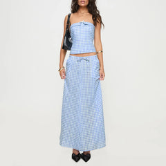 BXOXO Y2k Women's 2 Piece Outfits Summer Plaid Maxi Skirt Set Crop Tube Crop Tops and Flowy Hem Long Skirt Sets Aesthetic
