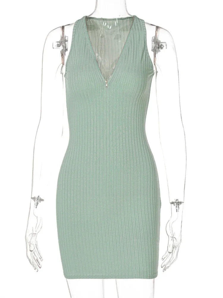 BXOXO Sexy Zipper Deep V Neck Rib Knitting Bodycon Dress Women Sleeveless Solid Color Skinny Mini Dress Elegant Club Party Vestidos