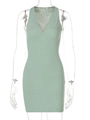 BXOXO Sexy Zipper Deep V Neck Rib Knitting Bodycon Dress Women Sleeveless Solid Color Skinny Mini Dress Elegant Club Party Vestidos