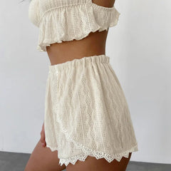 BXOXO Lace Patchwork Women's Pajamas Sets Hollow Out Crop Top Sleepwear Sexy Spaghetti Strap Nightwear Shorts Nightie Suits