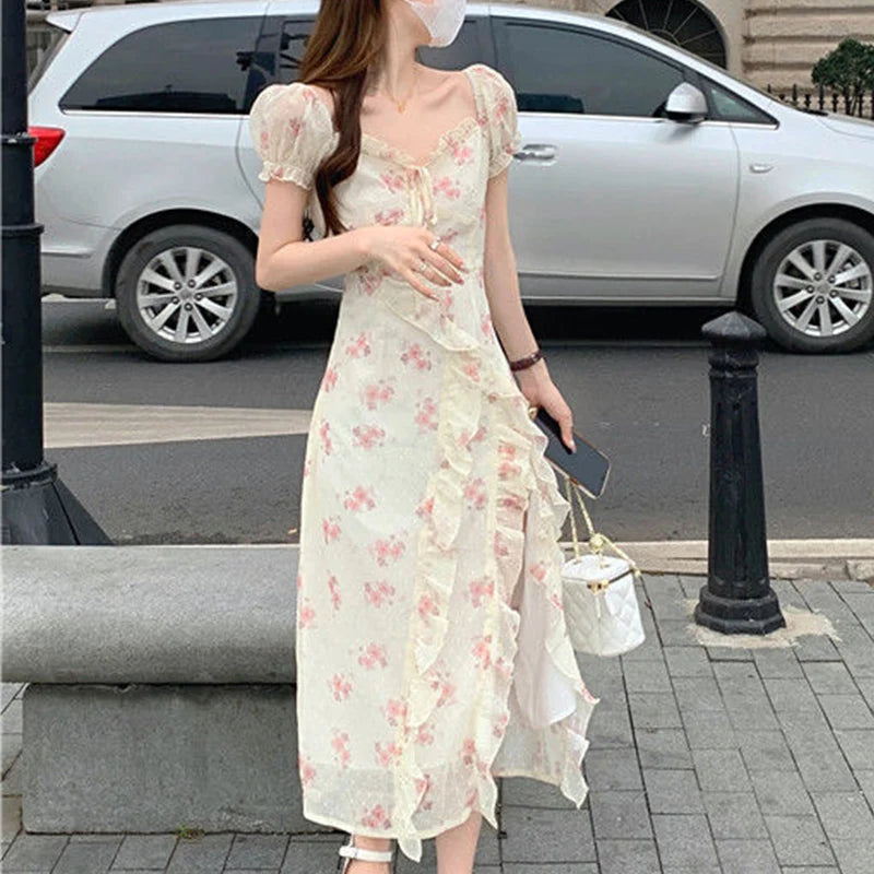 BXOXO Summer New Floral Printing Ruffles Irregular Slit Dress Lady Short Sleeve Sexy Fashion Slim Bow Robe One Word Collar Vestidos