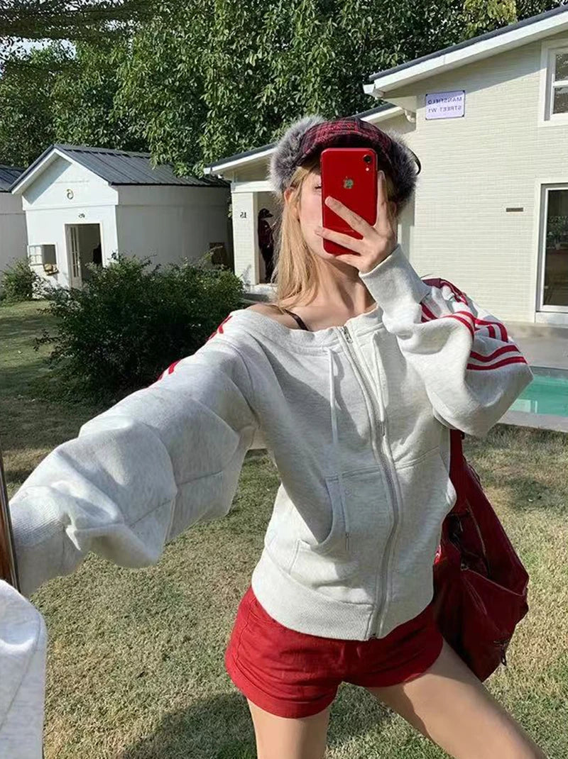 Bxoxo Sexy Slash Neck Long Sleeve Women Cardigan Y2K Streetwear Slim Zipper Female Coats Autumn American Striped Crop Hoodies Mujer