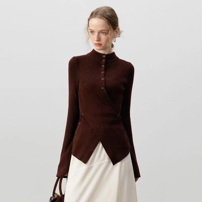 Bxoxo Half Turtleneck Irregular Knit Sweater Y2K Streetwear Cross Button Pullover Autumn Solid Long Sleeve All-Match Slim Base Jumper