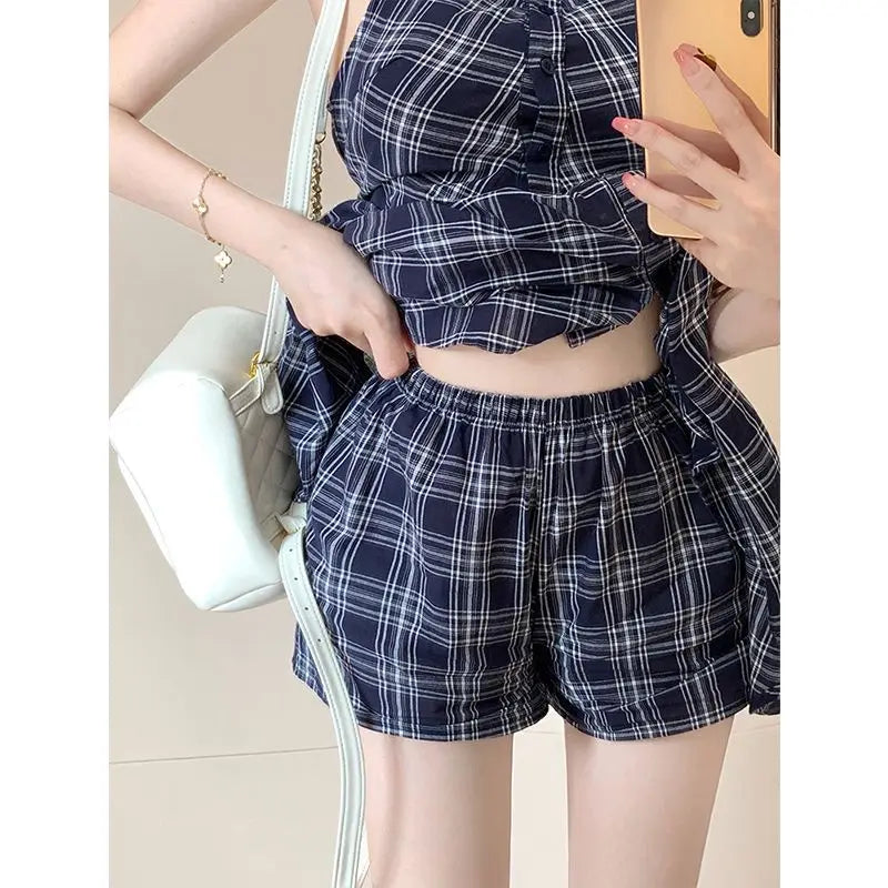 BXOXO Women Summer Plaid Sleeveless Mini Shirt Dress