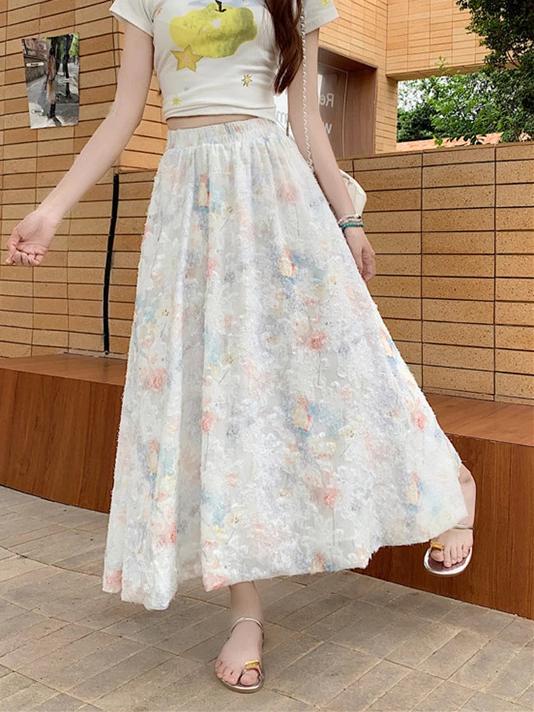 BXOXO Women Floral Sweet Long Skirt Casual High Waist Elegant Loose Korean Skirts High Quality Lady Fashion Ball Gown Long Skirts