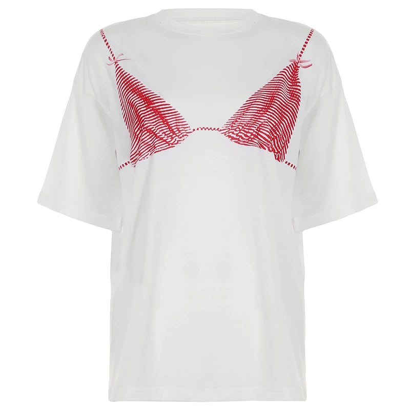 BXOXO Summer White Short Sleeve T-shirt Casual Crewneck Chic Print Loose T Shirts for Women Streetwear Basic Tees y2k Vintage